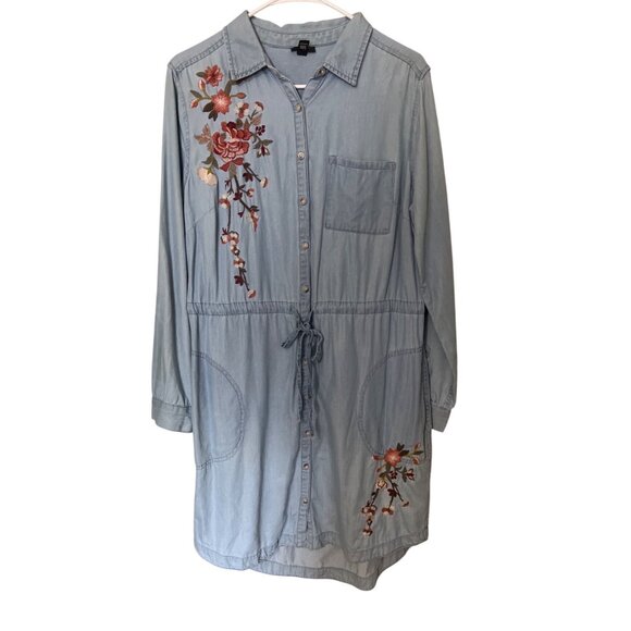 Embroiderd Light Blue Tunic Dress Large  Button-Up  Cottagecore Boho Lagenlook - Picture 1 of 12